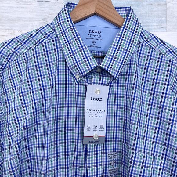IZOD Advantage Performance CoolFX Shirt Blue Plaid Moisture Wicking Mens 2XL XXL - Picture 2 of 6